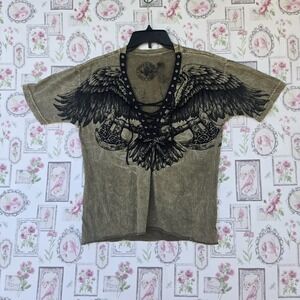 Affliction Live Fast Women's Large Olive Green Wings Axes Lace Up T-Shirt Top